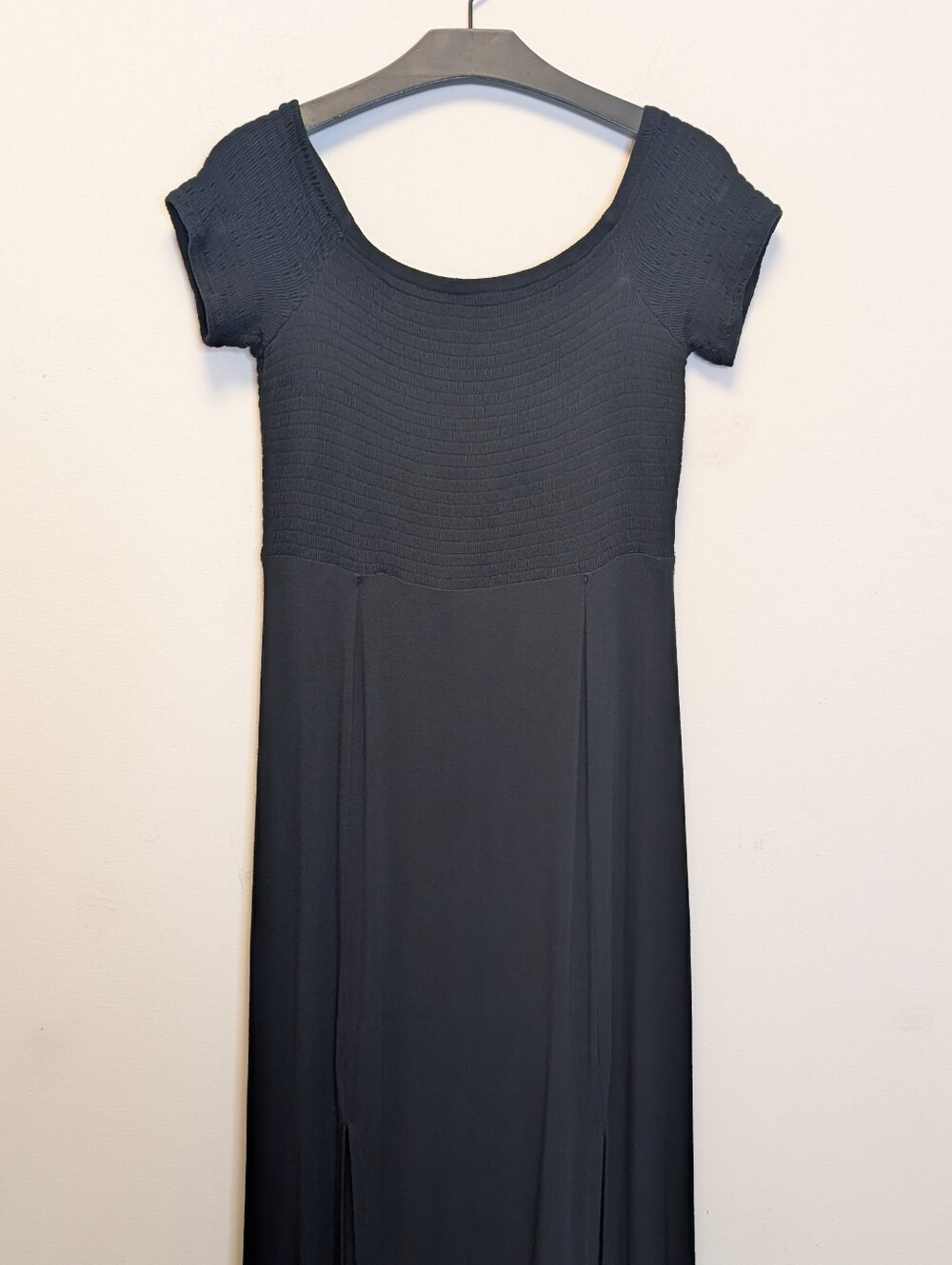 Express Black Maxi Dress Smocked Textured Bodice Dramatic Double Slit Stretchy M - Picture 2 of 13